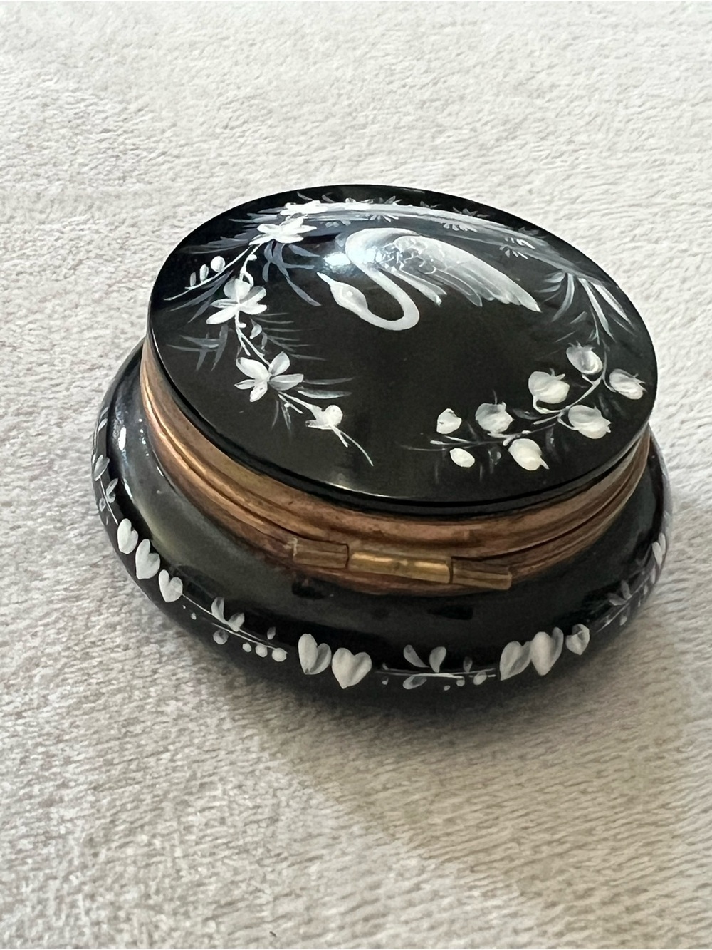 Vintage Blackish-purple Trinket Box with White Swan Motif